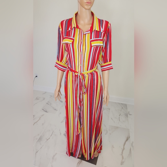 Strip multi color button down maxi shirt dress - Picture 1 of 13